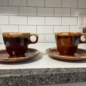 VTG Hull Pottery Oven Proof Brown Drip Glaze Coffee Tea Cup Mug & Saucer Set of2